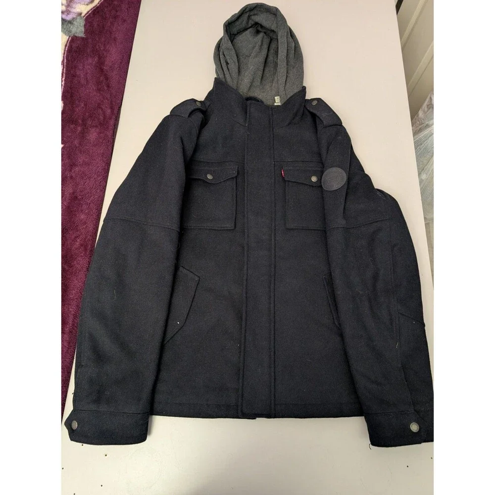 Levi's Men's Wool Blend Hooded Military Jacket Navy Blue Coat XL LM8RP403